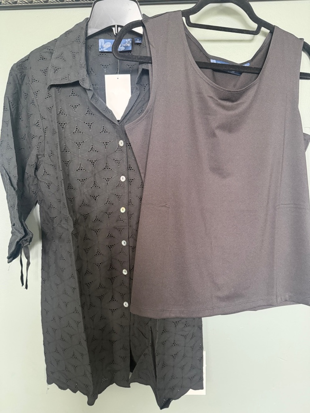 Susan Graver Black Eyelet Button Tunic with Black Sleeveless Tank